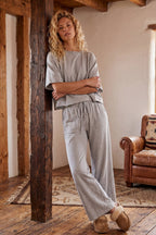 Brushed Stretch Boxy Top & Wide Leg Pant Set: BURGUNDY