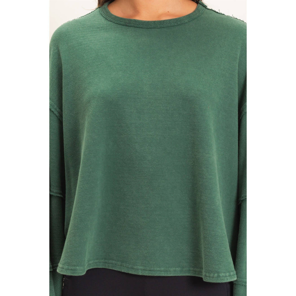 Mineral Wash Oversised Raw Edge Crew Neck Top: BLACK