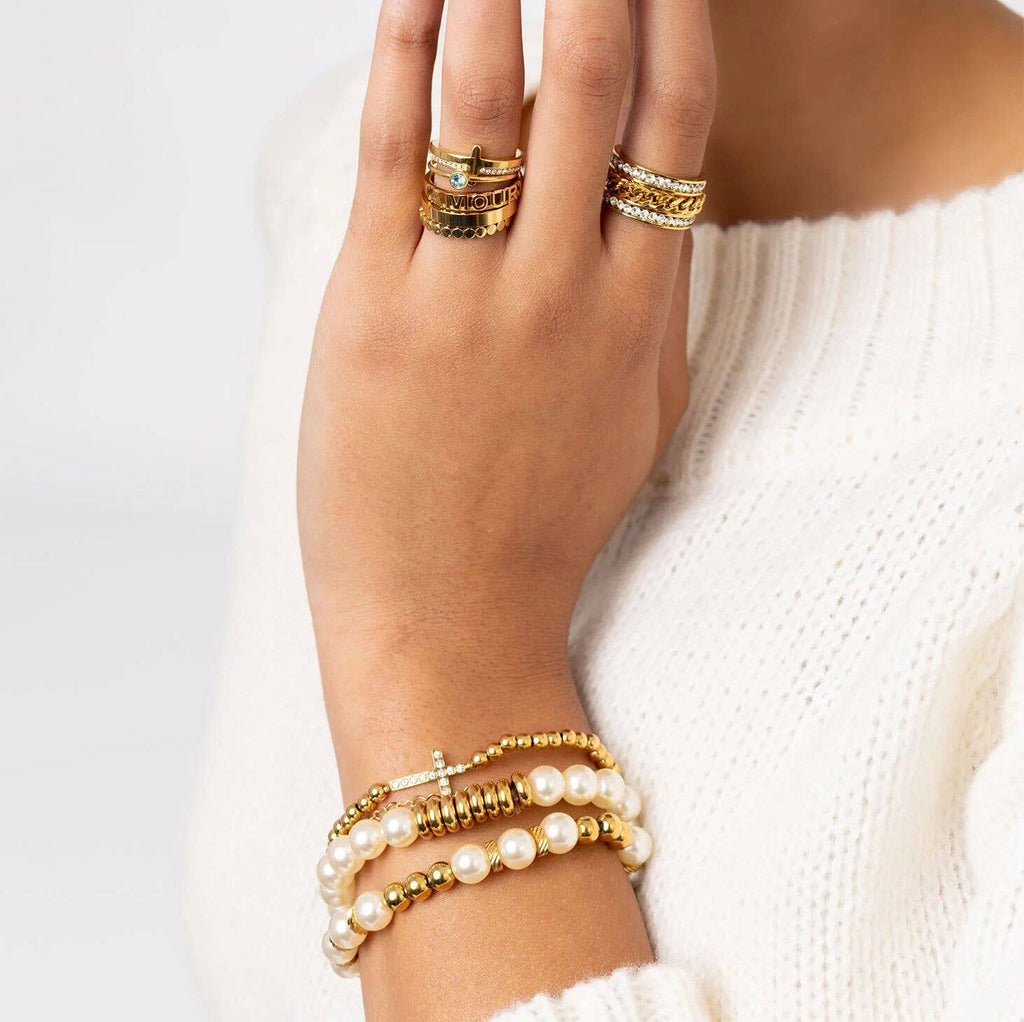 Yellow Gold 8mm Kiska Glass Pearl Stretch Bracelet: S162