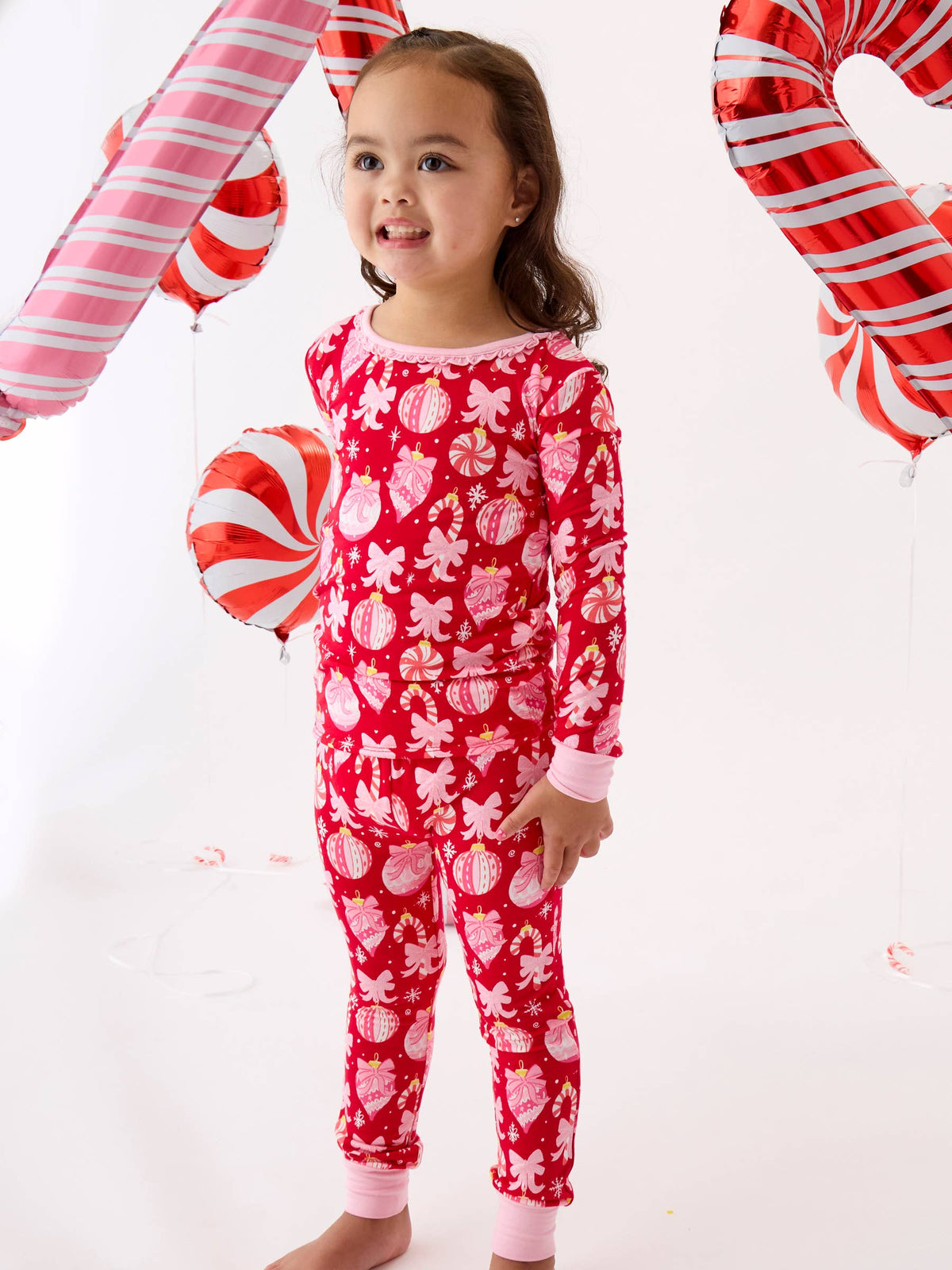 SoftSnooze™ Toddler Girls Bamboo Viscose Red Holly Christmas Ornament Bows Ruffle Long Sleeve Pajama Set with Signature Rear Ruffles: Red / 2T