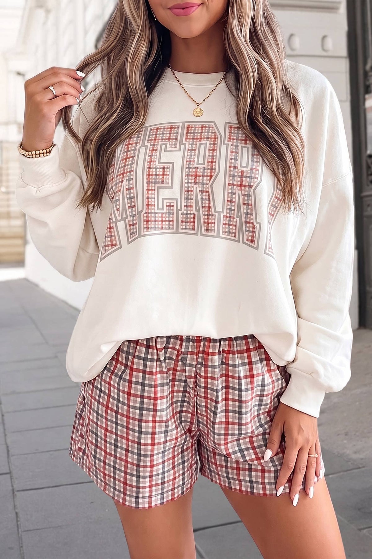 MERRY Christmas Plaid Crewneck Shorts Set