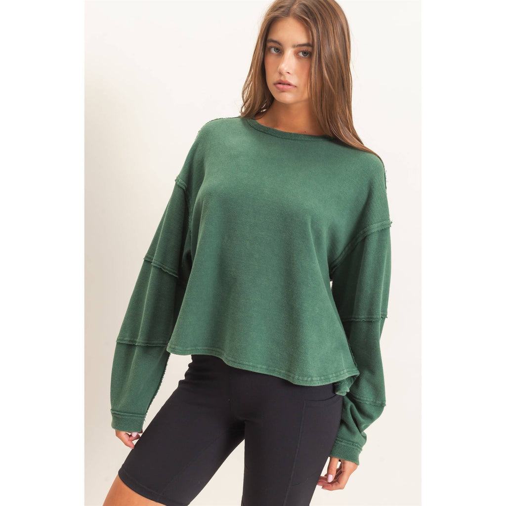 Mineral Wash Oversised Raw Edge Crew Neck Top: BLACK