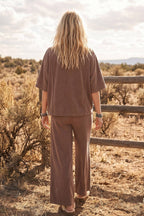 Brushed Stretch Boxy Top & Wide Leg Pant Set: BURGUNDY