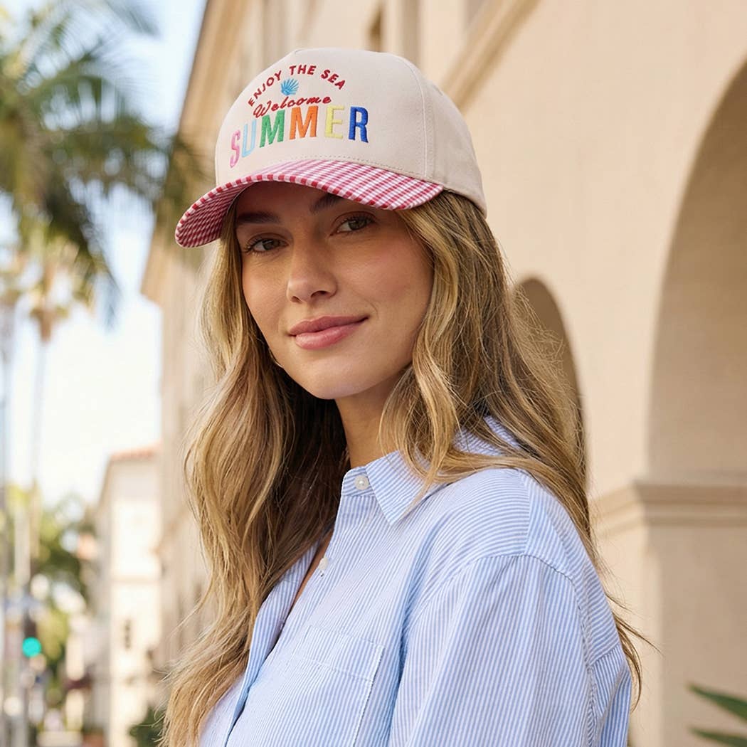 Welcome SUMMER Embroidered Gingham Trucker Hat: H3