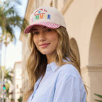 Welcome SUMMER Embroidered Gingham Trucker Hat: SKY BLUE - H5