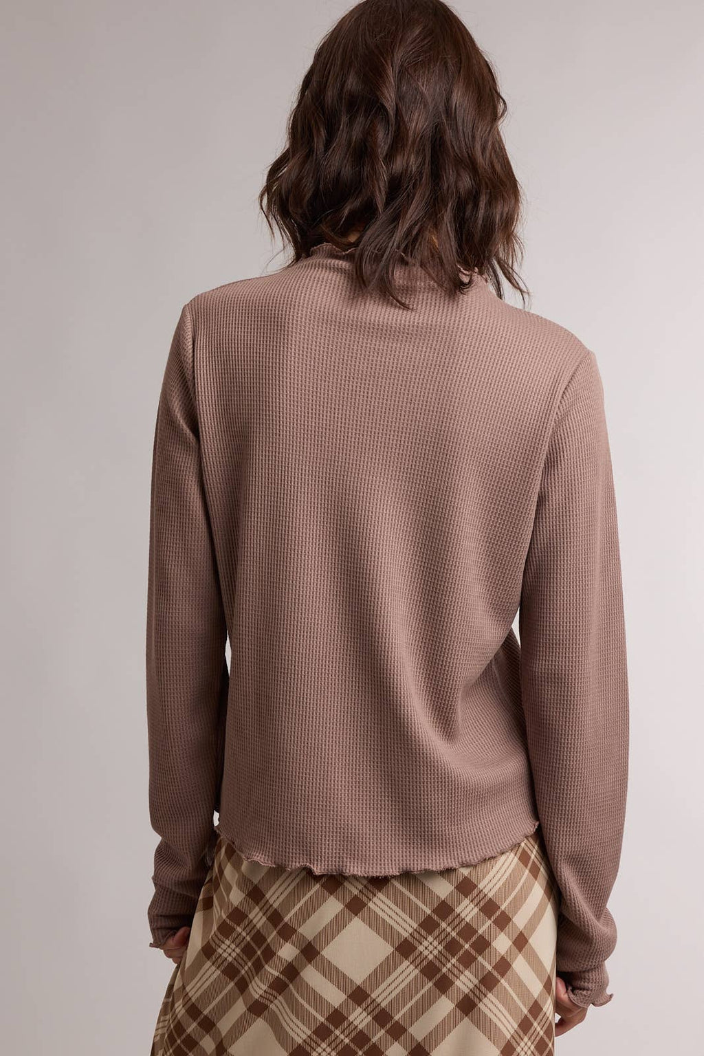 WAFFLE KNIT MOCK NECK LONG SLEEVE TOP red