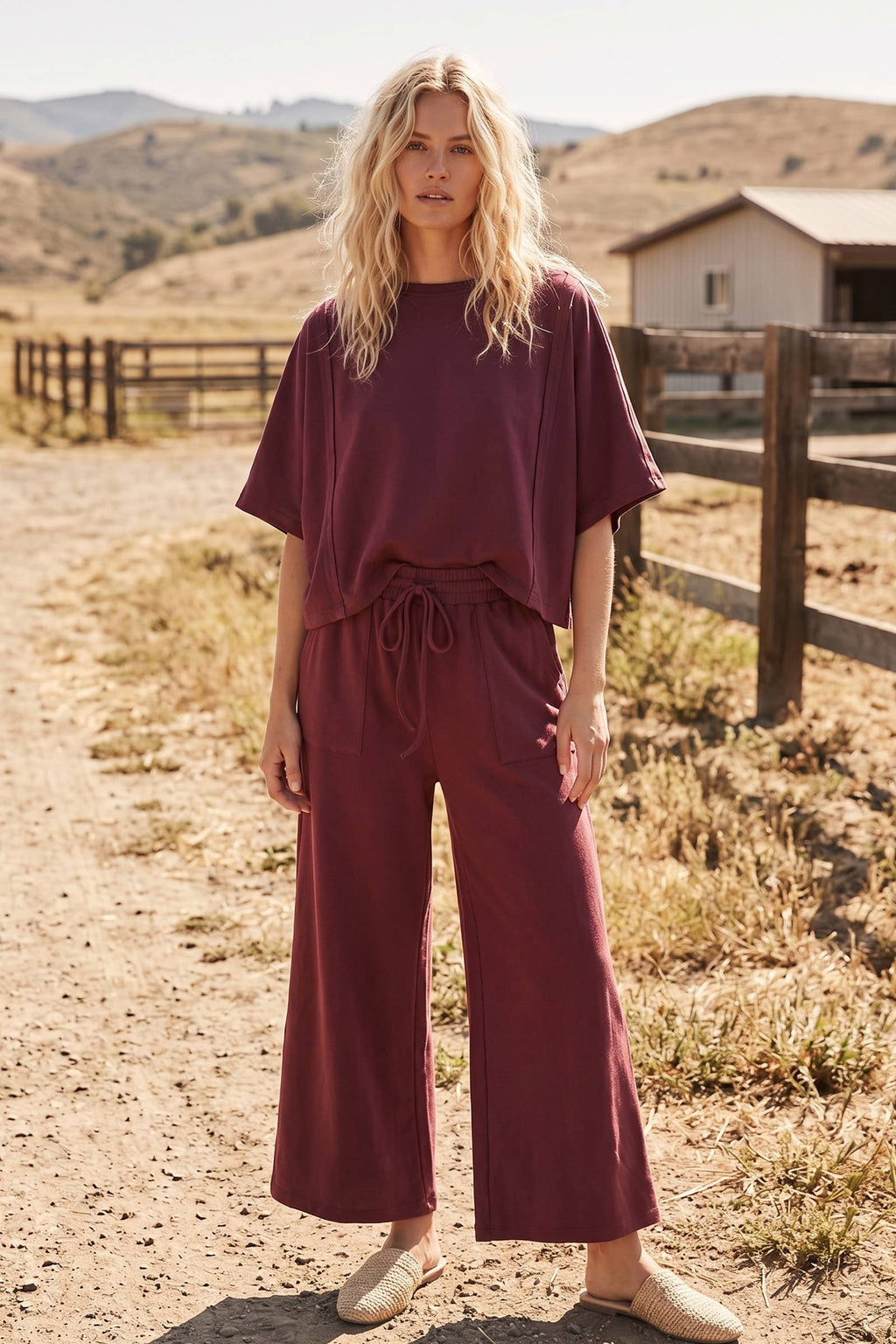Brushed Stretch Boxy Top & Wide Leg Pant Set: BURGUNDY