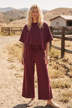 Brushed Stretch Boxy Top & Wide Leg Pant Set: BURGUNDY