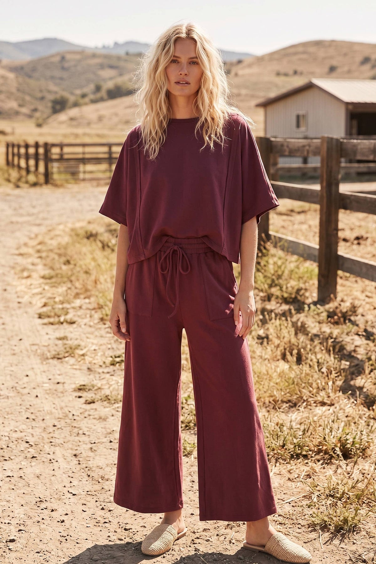 Brushed Stretch Boxy Top & Wide Leg Pant Set: BURGUNDY