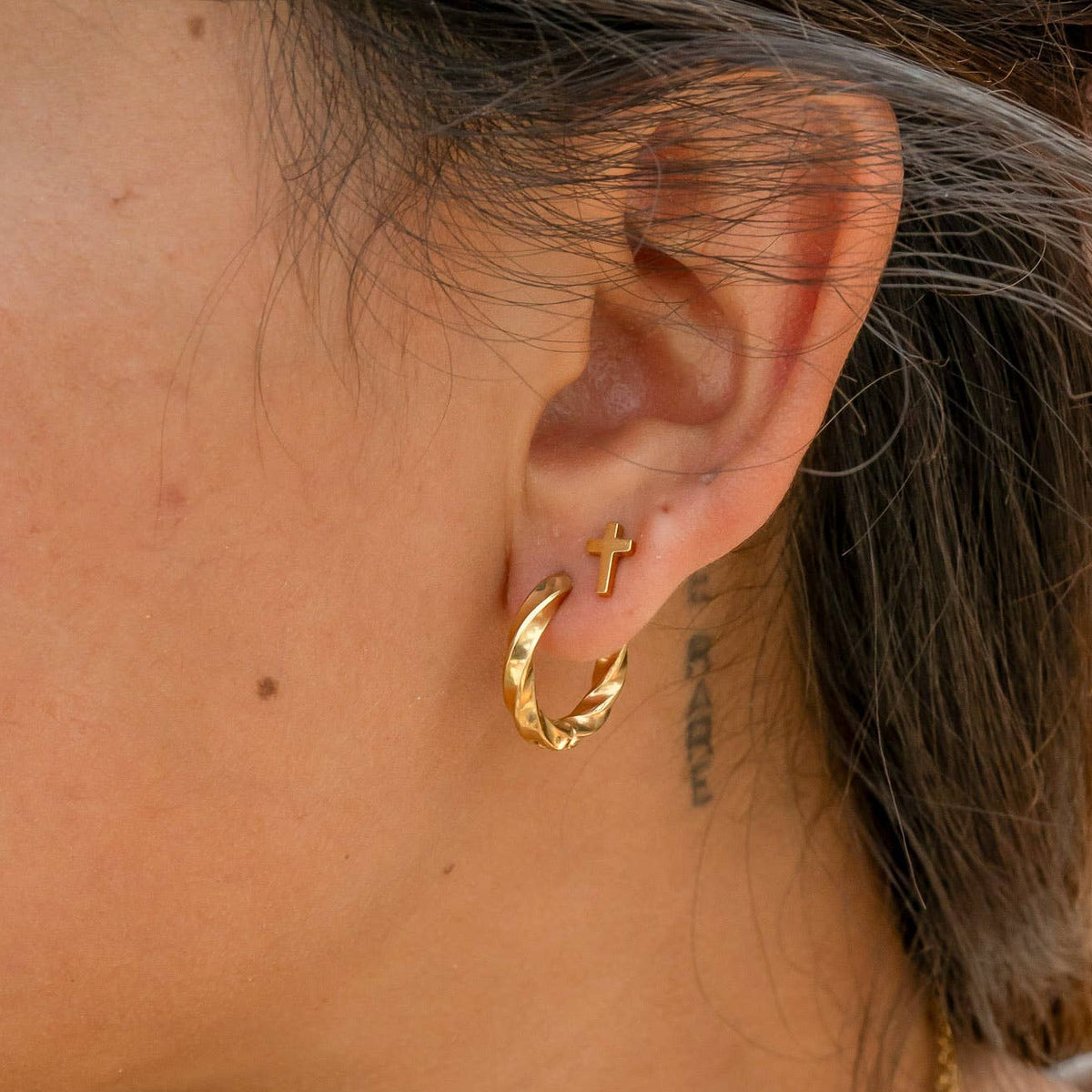 Gold Textured Twisted Hoop Earrings - E125