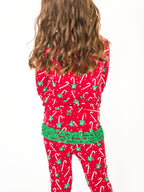 SoftSnooze™ Toddler Girls Bamboo Viscose Candy Cane Cutie Ruffle Long Sleeve Pajama Set with Signature Rear Ruffles: Red / 2T