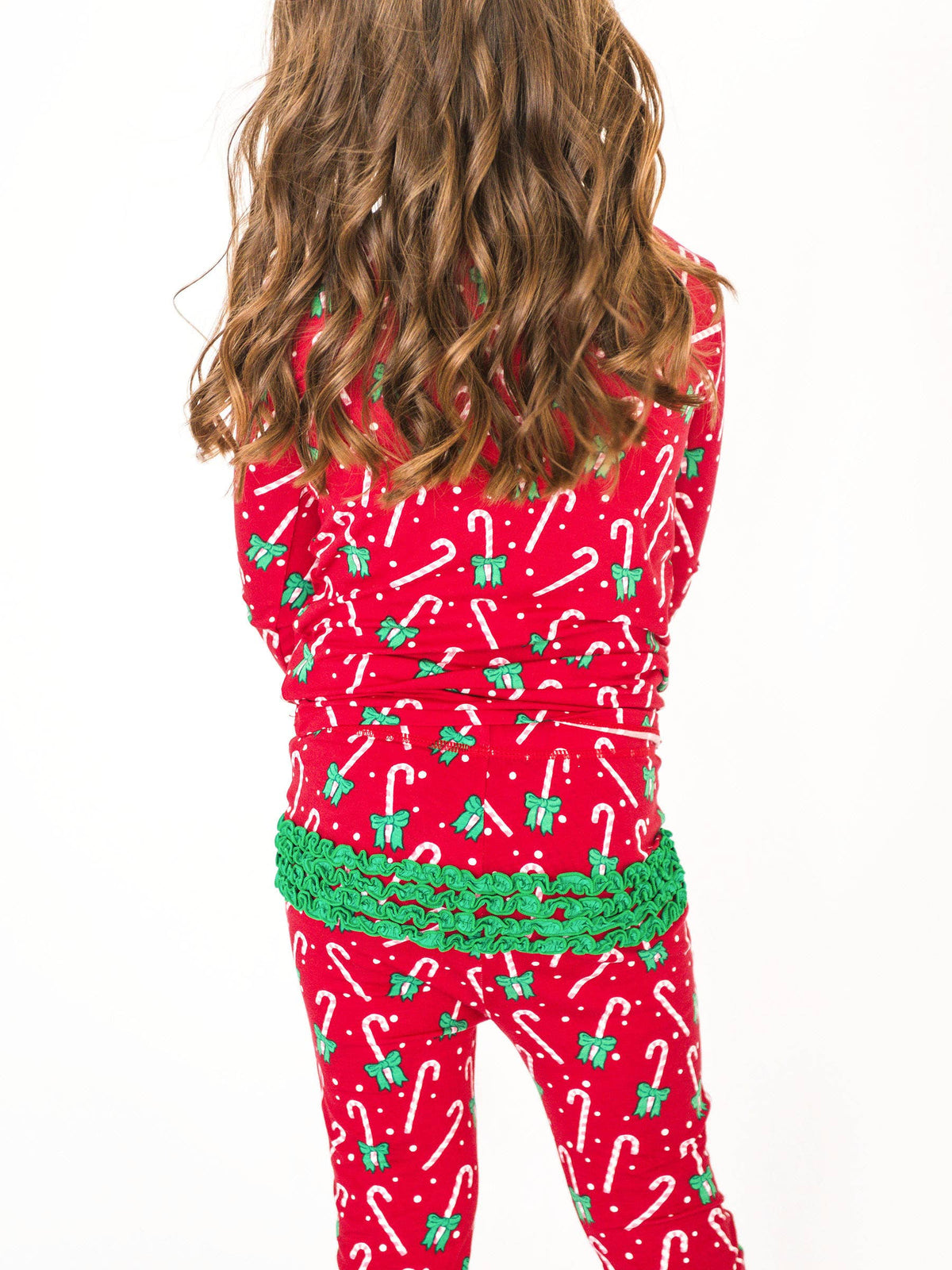 SoftSnooze™ Toddler Girls Bamboo Viscose Candy Cane Cutie Ruffle Long Sleeve Pajama Set with Signature Rear Ruffles: Red / 2T