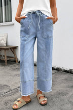 Seam Detail Raw Hem Wide Leg Drawstring Jeans | Beau Blue