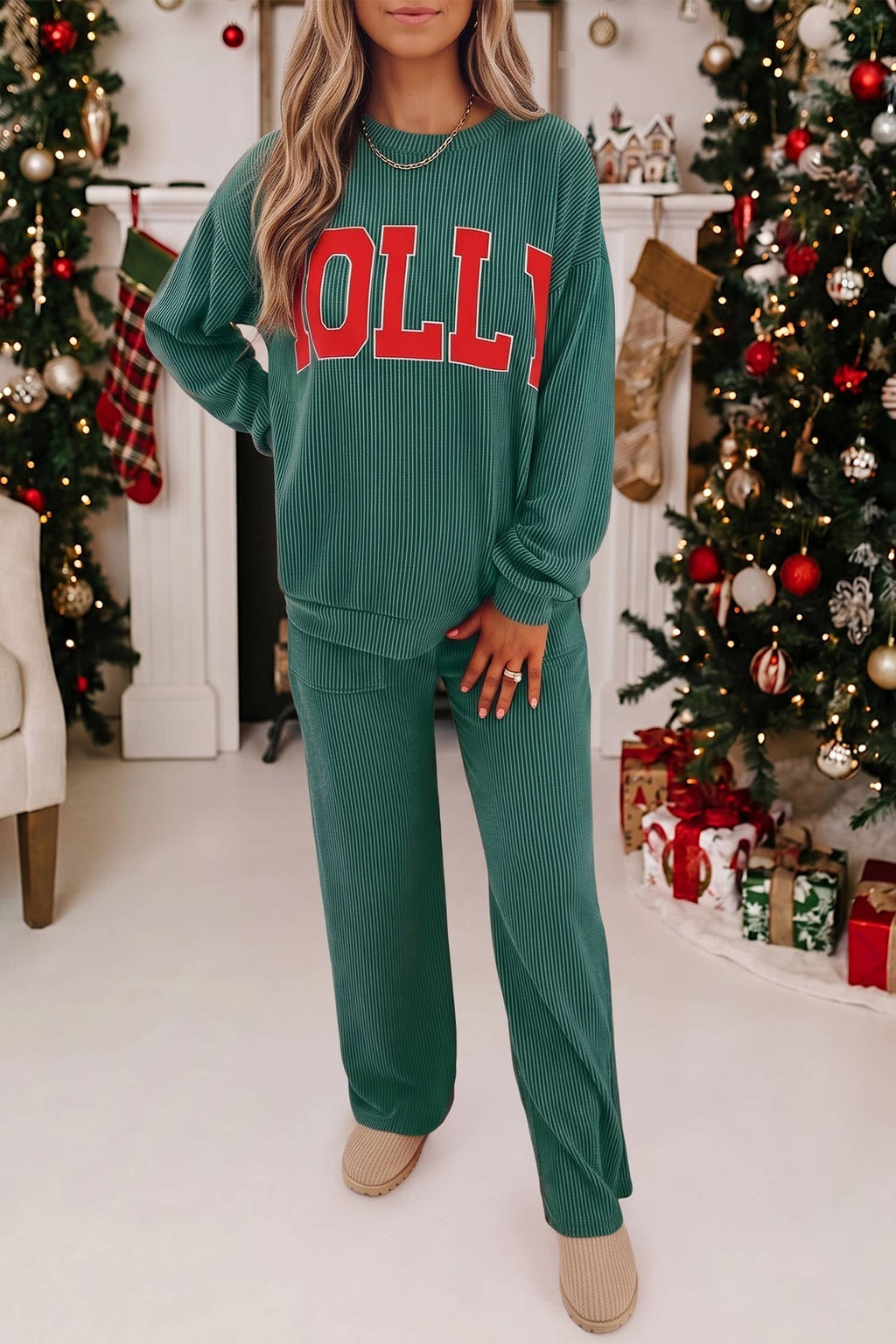 MERRY Christmas Graphic Corded Pants Set