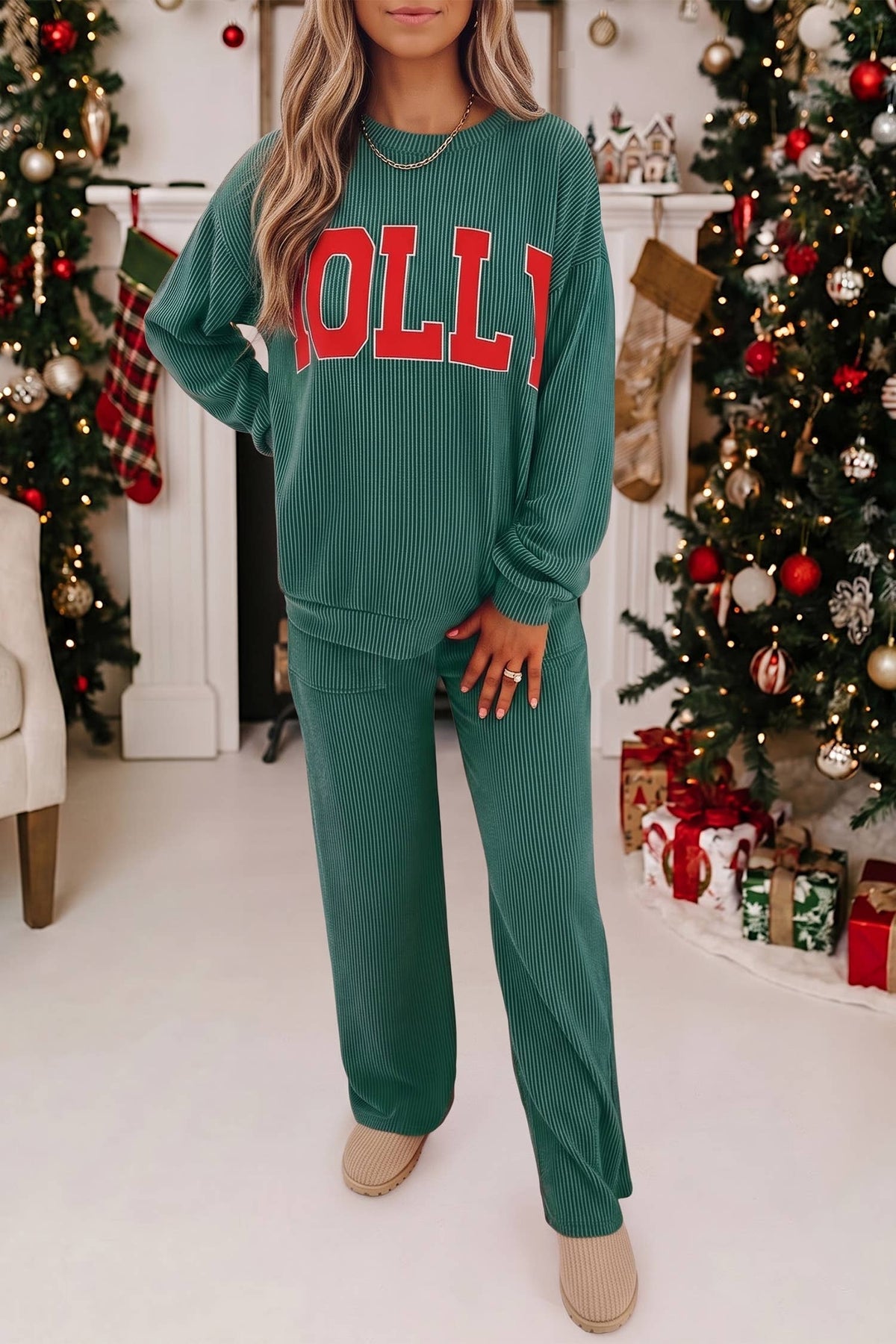 MERRY Christmas Graphic Corded Pants Set