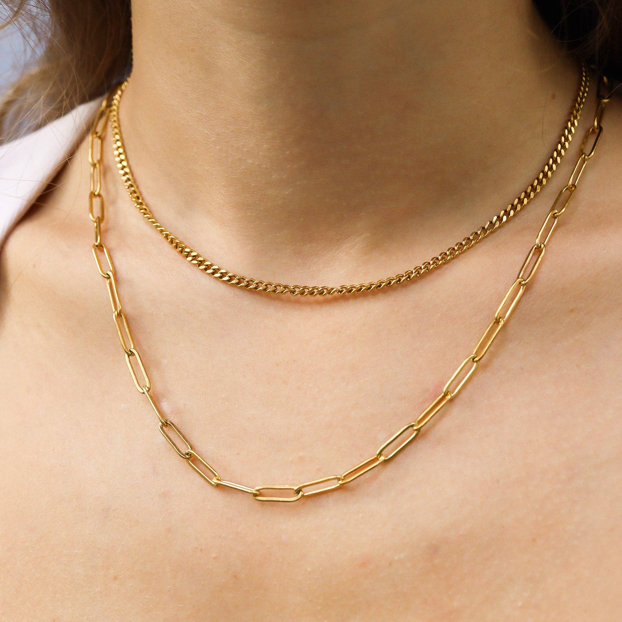 Curb & Paperclip Layered Chain Necklace - N135