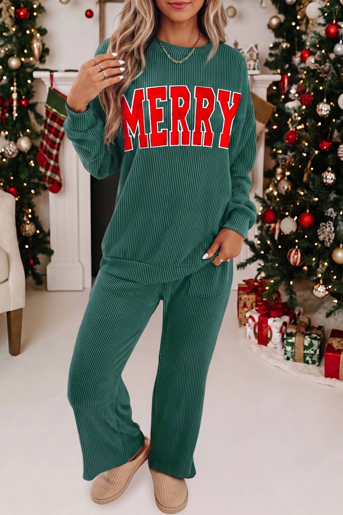 MERRY Christmas Graphic Corded Pants Set