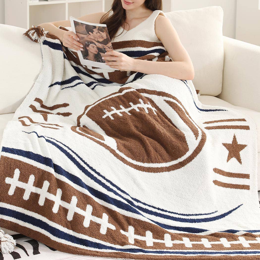 Football Pattern Throw Blanket with Tassels: FC3