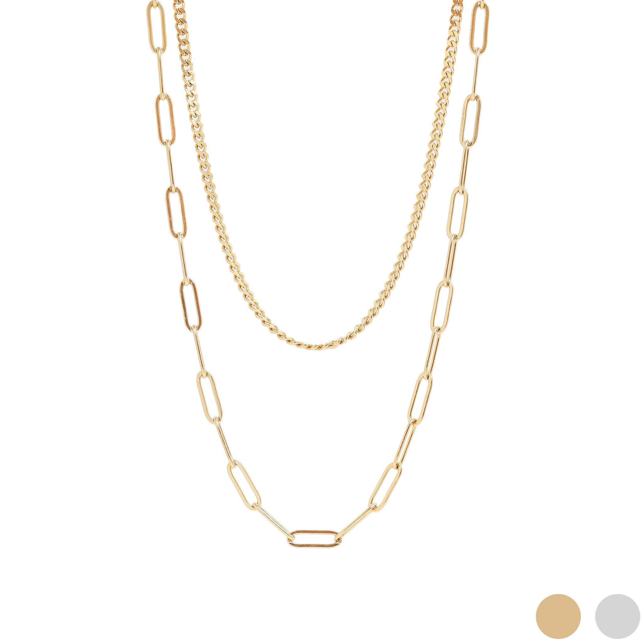 Curb & Paperclip Layered Chain Necklace - N135