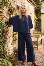 Brushed Stretch Boxy Top & Wide Leg Pant Set: BURGUNDY