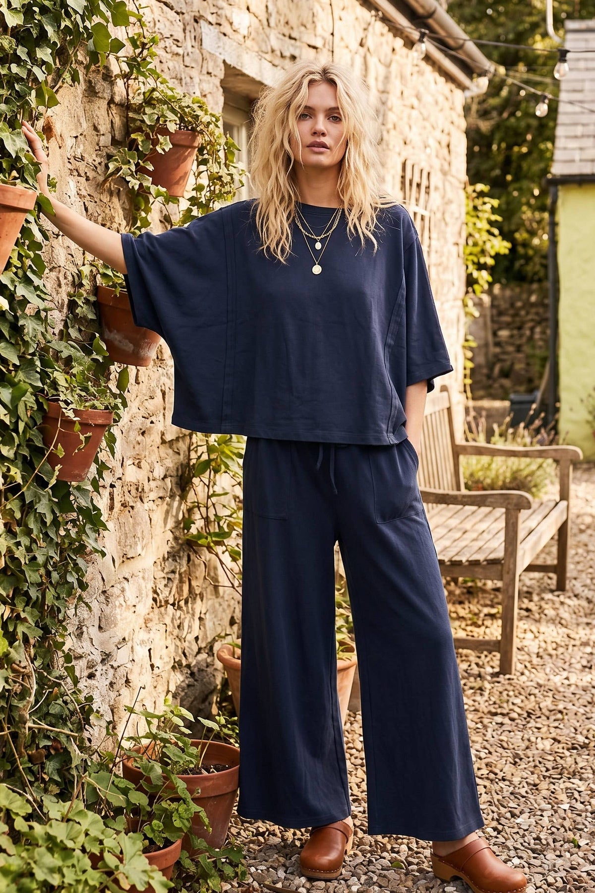 Brushed Stretch Boxy Top & Wide Leg Pant Set: BURGUNDY