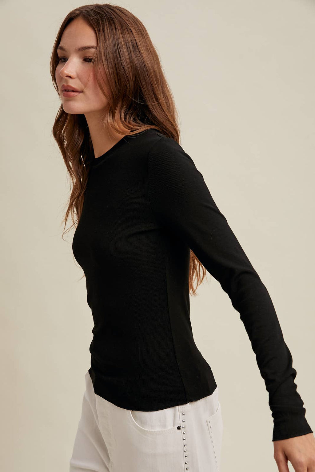 BASIC RIBBED LONG SLEEVE KNIT TOP BLACK