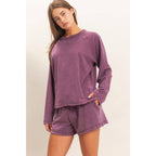 Mineral Wash Long Sleeve Raw Edge Top & Shorts Set: DARK CHERRY
