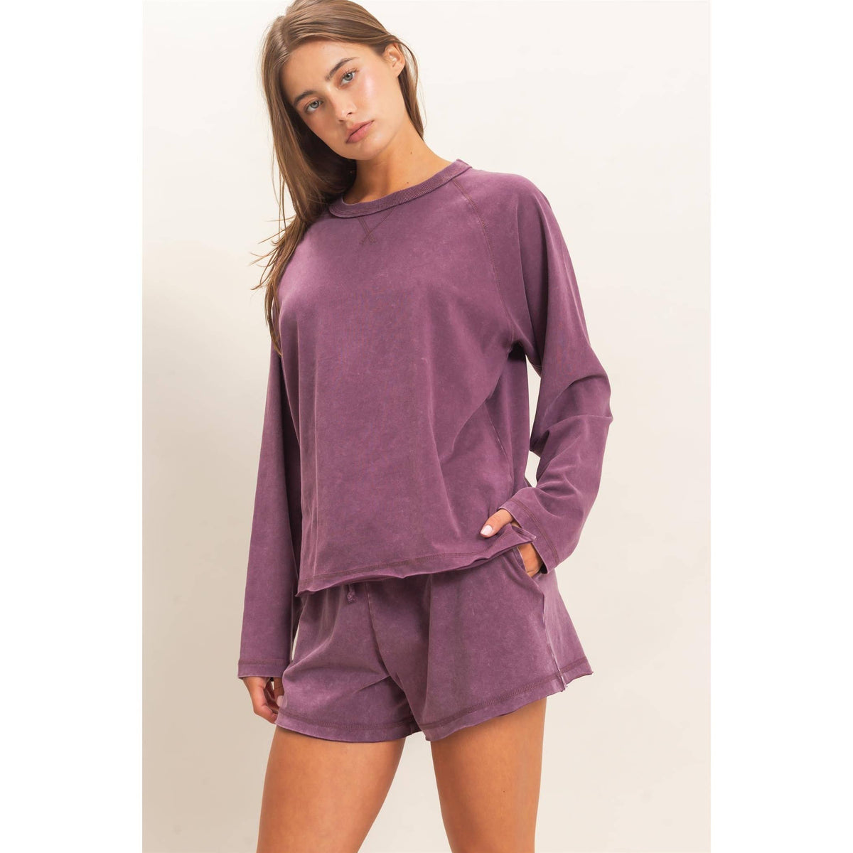 Mineral Wash Long Sleeve Raw Edge Top & Shorts Set: DARK CHERRY