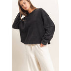 Mineral Wash Oversised Raw Edge Crew Neck Top: BLACK
