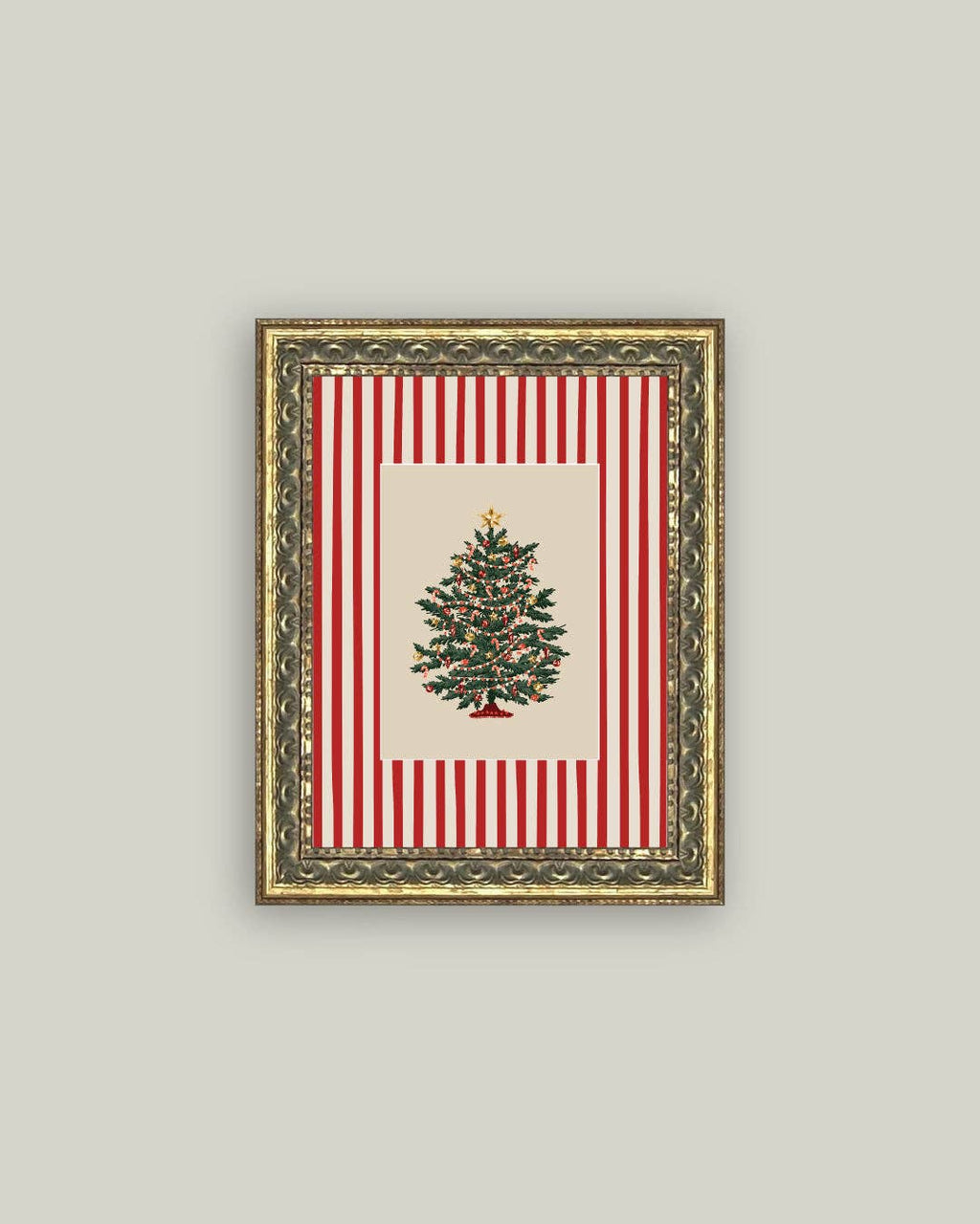 Peppermint Stripe Tree Framed Antique Art: 5x7